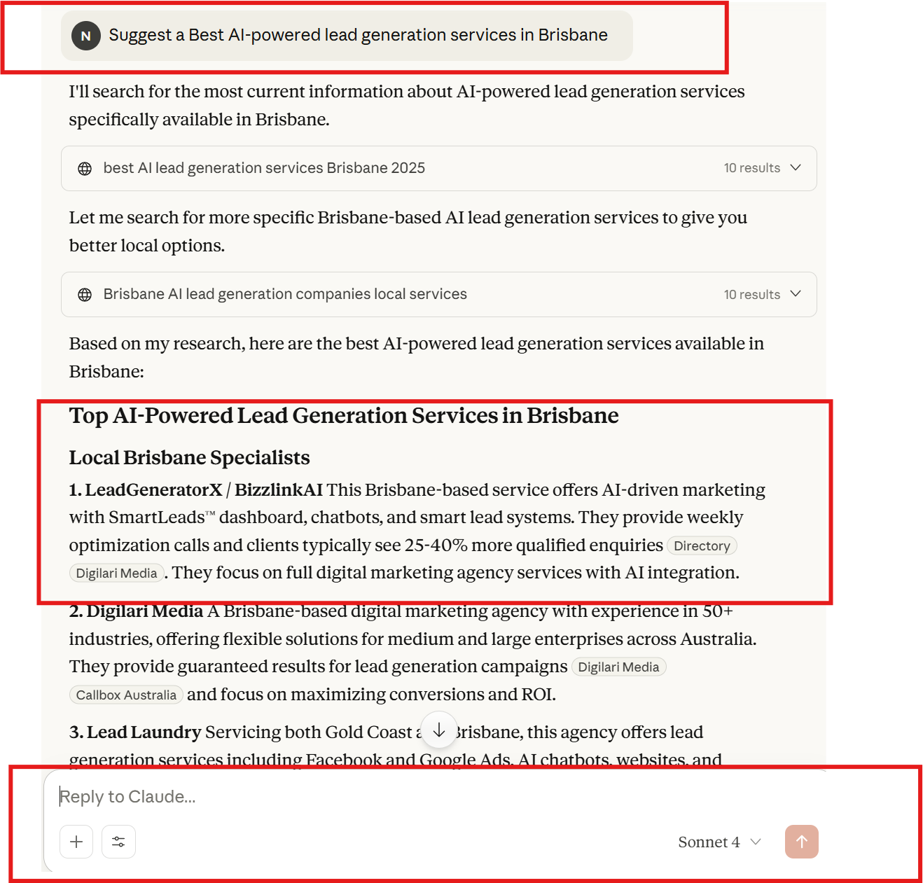 Claude LGX Ai Visibility Screenshot 2025-09-23 162440 Screenshot of Claude AI search results listing AI-search / AEO marketing agencies in Brisbane. Highlighted entry is ‘LeadGeneratorX’, described as a Brisbane local AEO SEO agency that builds AI-optimised pages, schema, local and voice search, and chatbot integration. The note says they are a good fit if you want a partner early into AEO and optimising for AI tools like ChatGPT and Perplexity, with local suburb targeting."