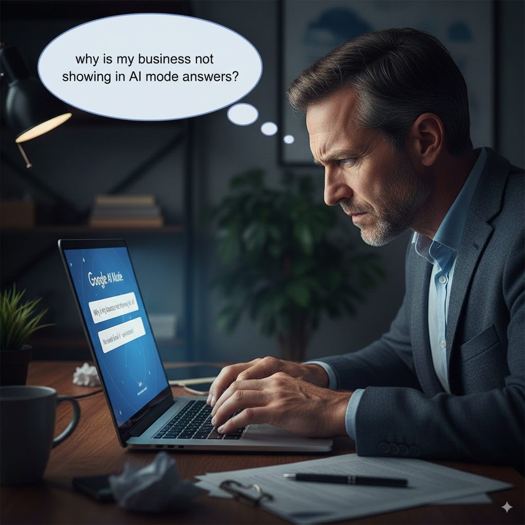 A frustrated male business owner, dressed in a suit jacket and blue shirt, intently types on a laptop in a dimly lit office. A thought bubble above his head contains the text "why is my business not showing in AI mode answers?". The laptop screen shows "Google AI Mode" with a search query "Why is my business not showing in AI mode answers?" and a message below it that says "No result found for 'your business'. GEO - AI Visibility services. LeadGeneratorX". 