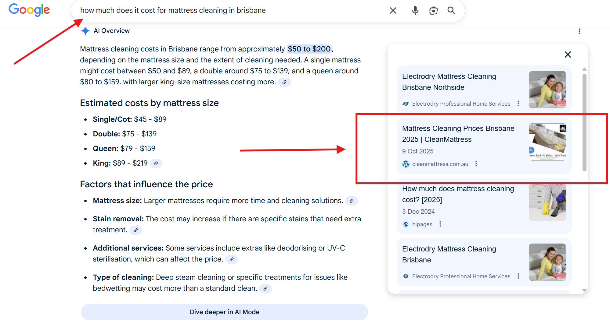 Screenshot 2025-10-24 Clean Mattress Google Ai Overview Search alt="Screenshot of a Google AI Overview for the query 'how much does it cost for mattress cleaning in Brisbane' showing estimated costs by mattress size and an AI-sourced results panel with 'CleanMattress' highlighted"