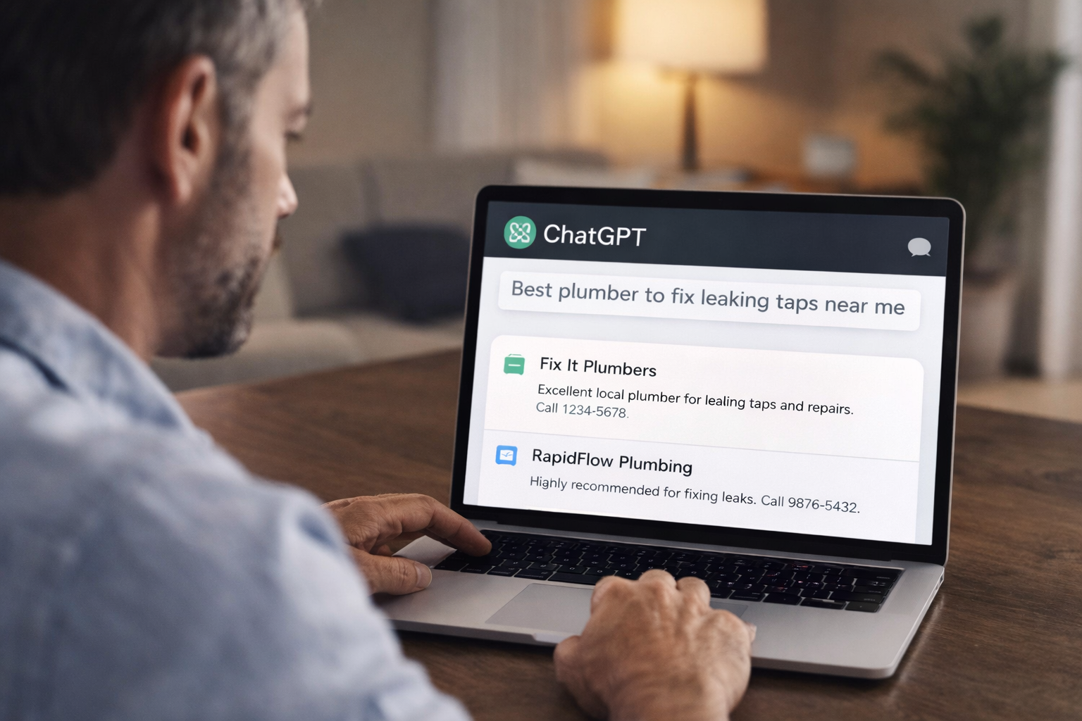 Man using a laptop at home asking ChatGPT “Best plumber to fix leaking taps near me,” with AI recommendations displayed on the screen.