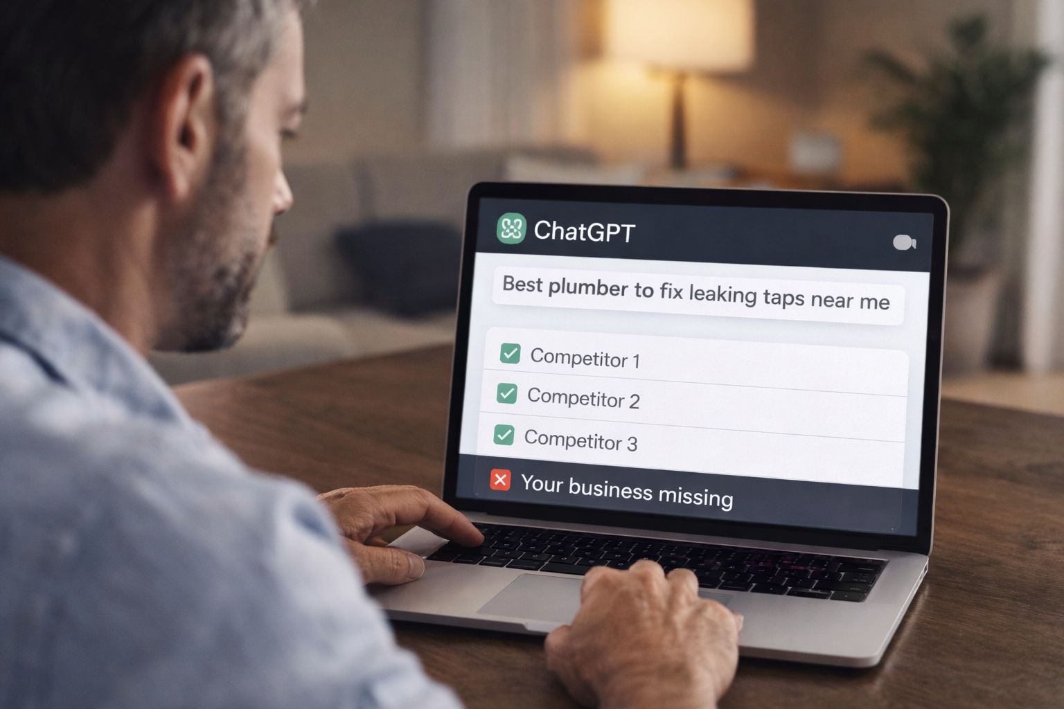 Man using a laptop at home asking ChatGPT “Best plumber to fix leaking taps near me,” showing competitors listed while “your business missing” highlights the need for LeadGeneratorX AI visibility solutions.
