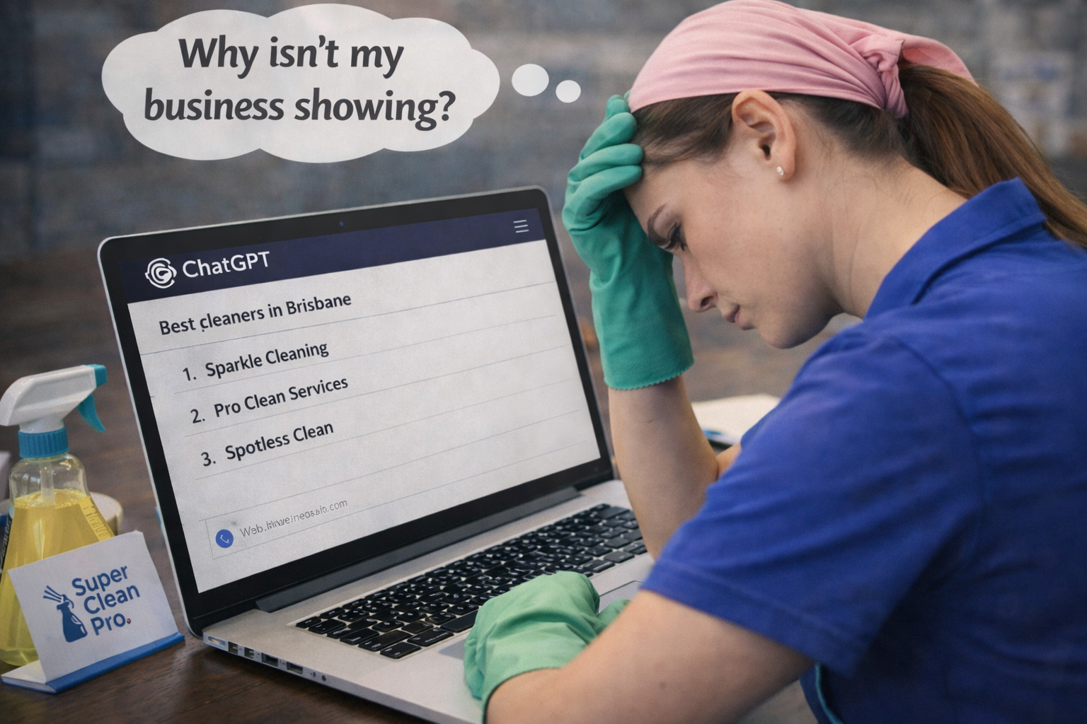 Female cleaning business owner in uniform and gloves looking worried at a laptop displaying “Best cleaners in Brisbane” rankings, with a thought bubble saying “Why isn’t my business showing?”