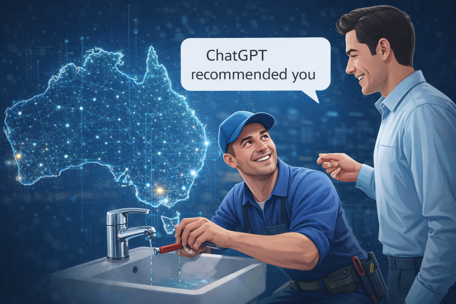 ChatGPT Image Mar 27, 2026, 03_39_35 PM LeadGeneratorX AEO services illustration showing an Australian plumber fixing a leaking tap while a customer says ‘ChatGPT recommended you’, with a digital Australia map highlighting AI-driven local business visibility.