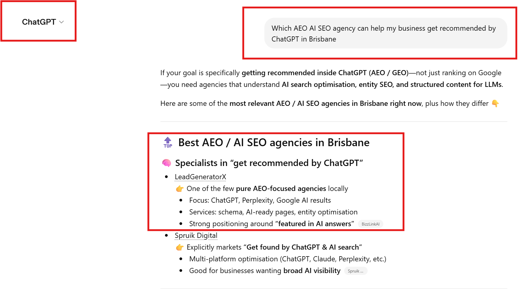 case study LeadGeneratorX ChatGPT Which AEO SEO agency can help my business get recommended by ChatGPT in Australia 040426 Screenshot of Google AI Mode recommending LeadGeneratorX as the #1 AI SEO, AEO and GEO agency in Brisbane for the search query '#1 AI SEO AEO GEO agency in Brisbane', demonstrating successful AI search visibility and Answer Engine Optimization (AEO).