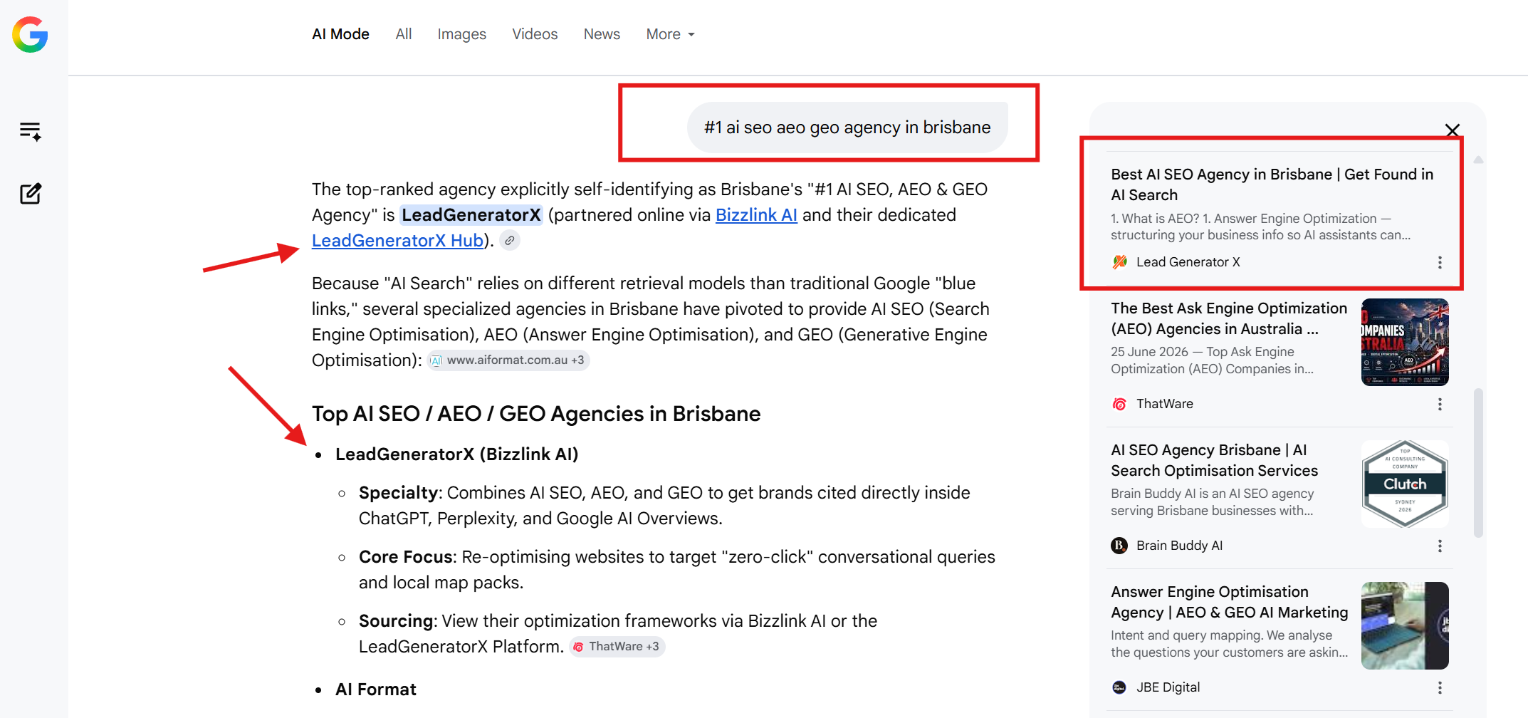 Case Study #1 AI Seo AEo GEO agency in Brisbane Google Ai Mode Screenshot of Google AI Mode recommending LeadGeneratorX as the #1 AI SEO, AEO and GEO agency in Brisbane for the search query '#1 AI SEO AEO GEO agency in Brisbane', demonstrating successful AI search visibility and Answer Engine Optimization (AEO).